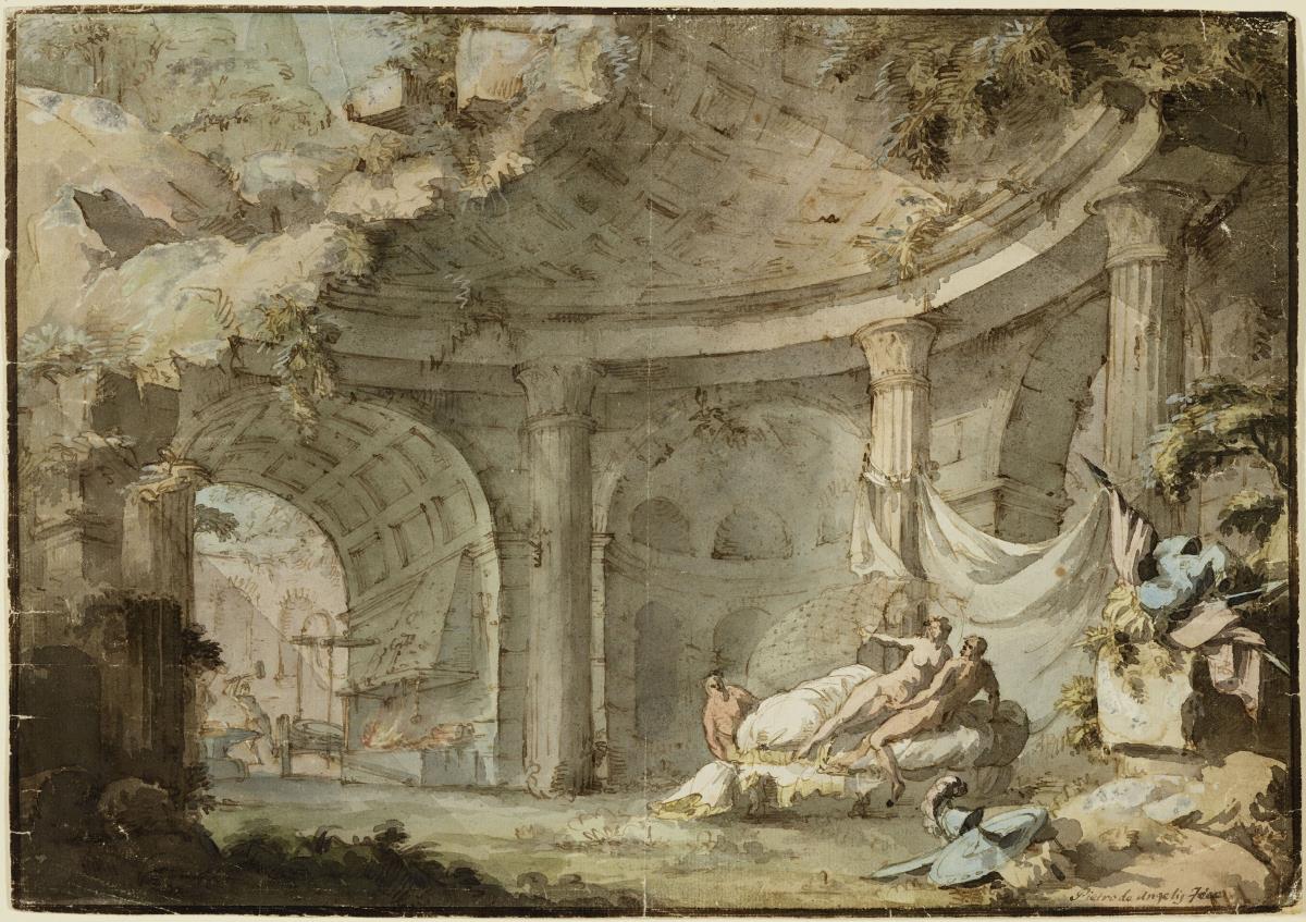 Venus und Mars, überrascht von Vulkan, in der Ruine eines großen Kuppelbaus