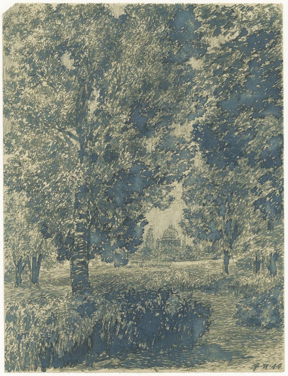 Walddurchblick auf eine Kuppelkirche, Bl. 18