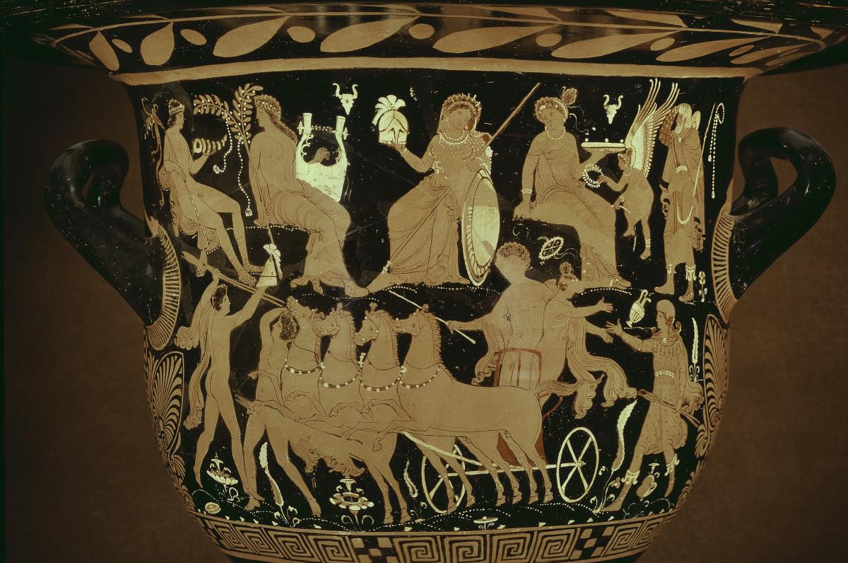 Apulischer, rotfiguriger Glockenkrater - Raub des Chrysippos (A), Dionysos und Mänaden (B)