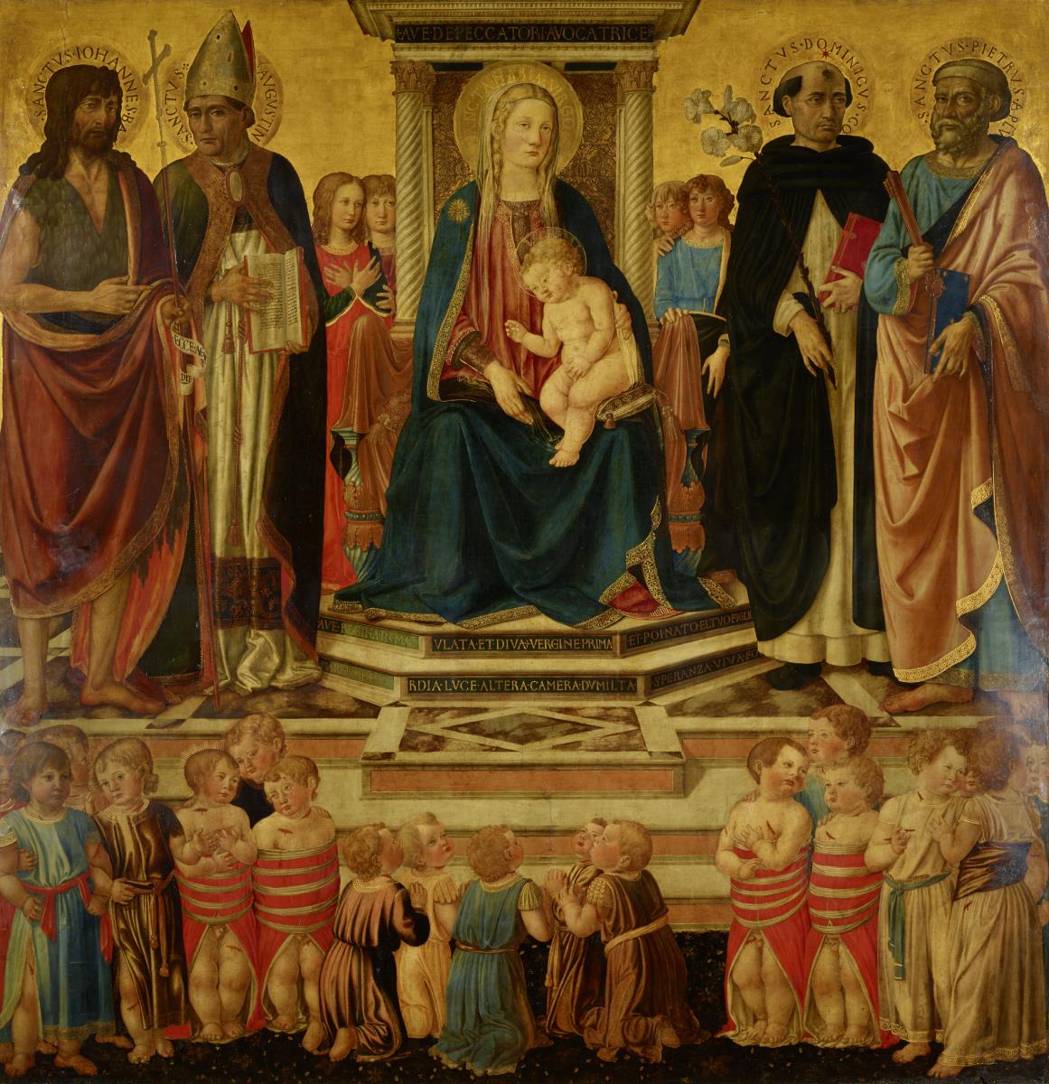 Thronende Maria mit dem segnenden Kind, den Heiligen Johannes dem Täufer, Augustinus, Dominicus, Petrus und den Opfern des betlehemitischen Kindermordes