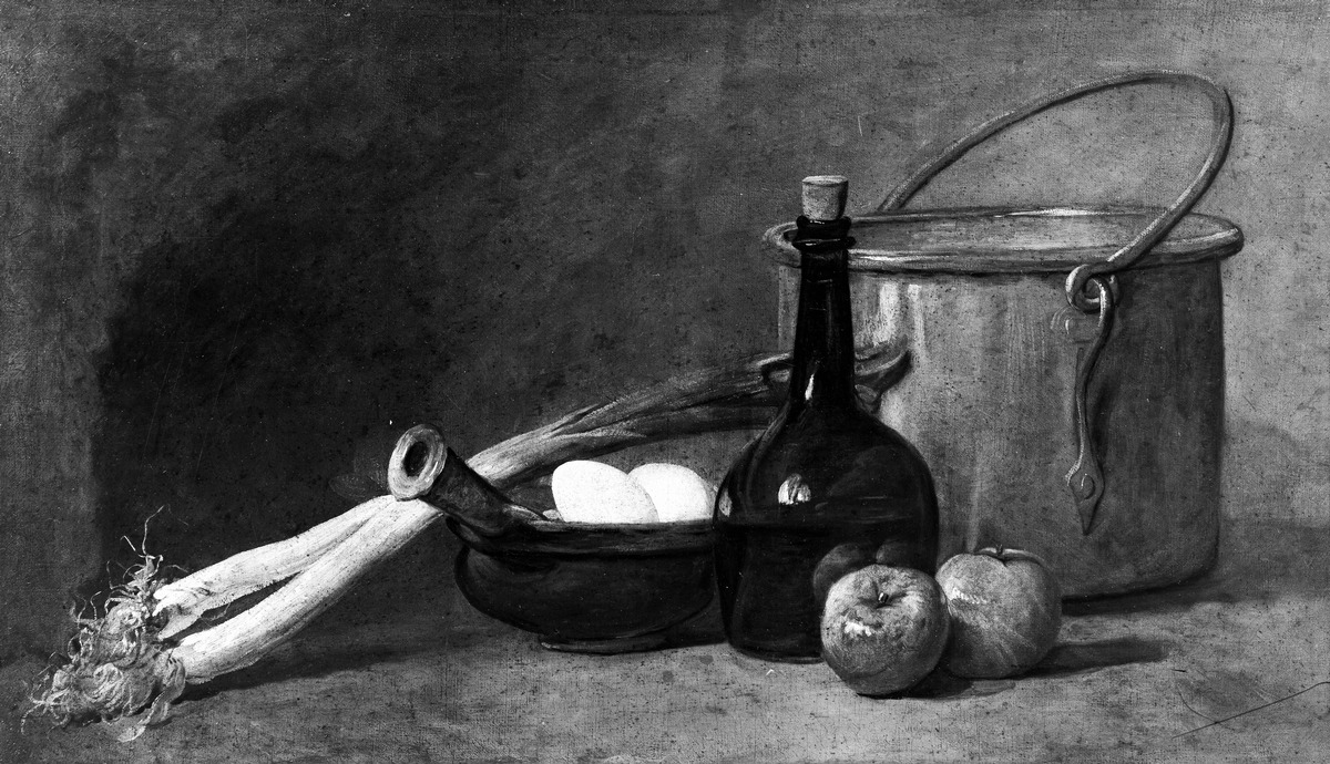 Stillleben mit Kupferkessel, Flasche, Schüssel mit Eiern und zwei Lauchstauden