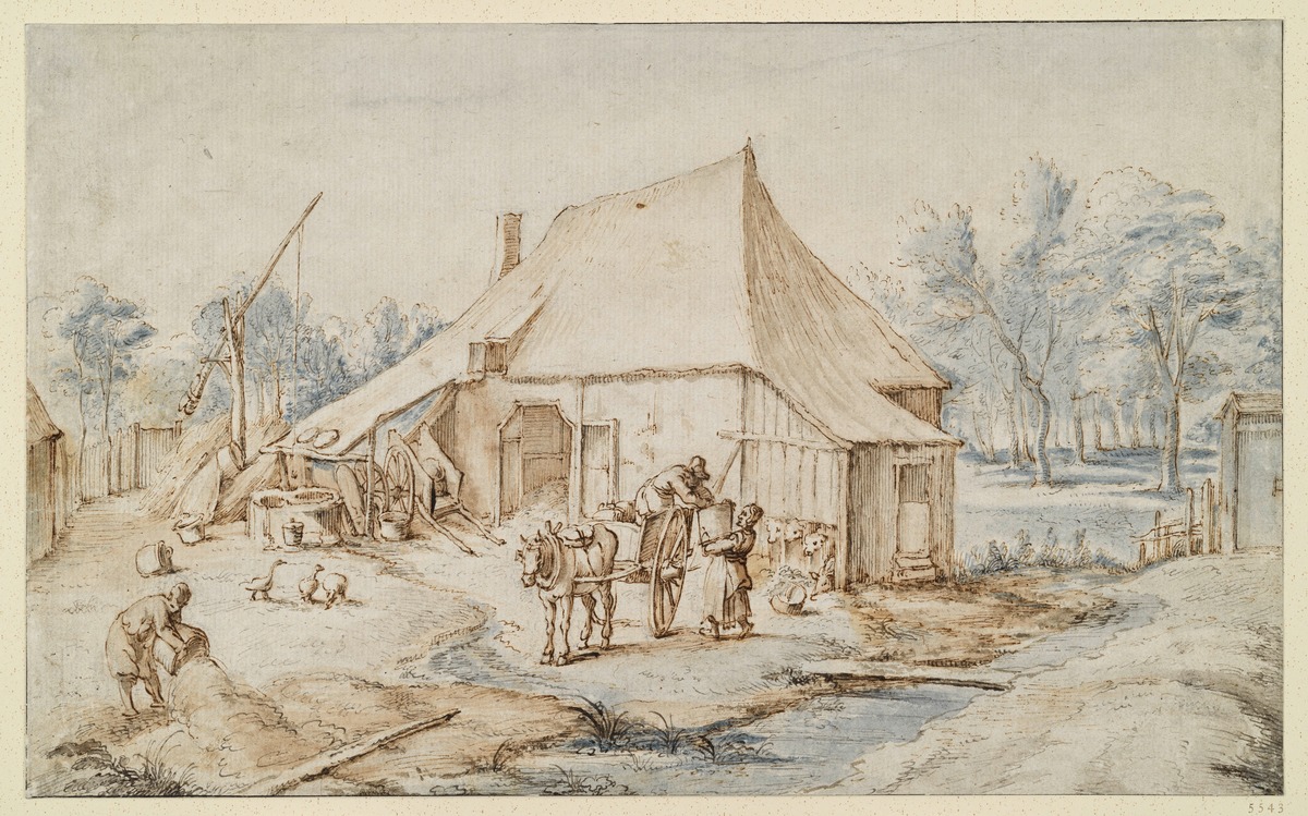 Bauernhof, in der Mitte hinten ein Stall, davor ein zweirädriger Karren mit einem Pferd und Bauer und Bäuerin beim Aufladen