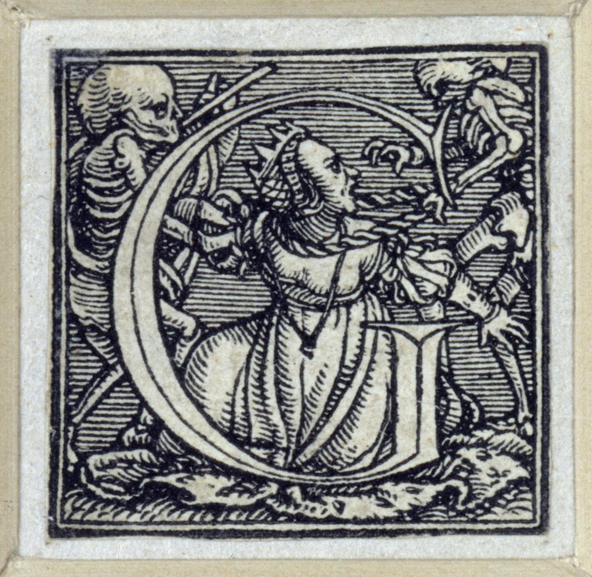 Initiale zu einem lateinischen Majuskel-Alphabet (sog. "Todesalphabet"): G