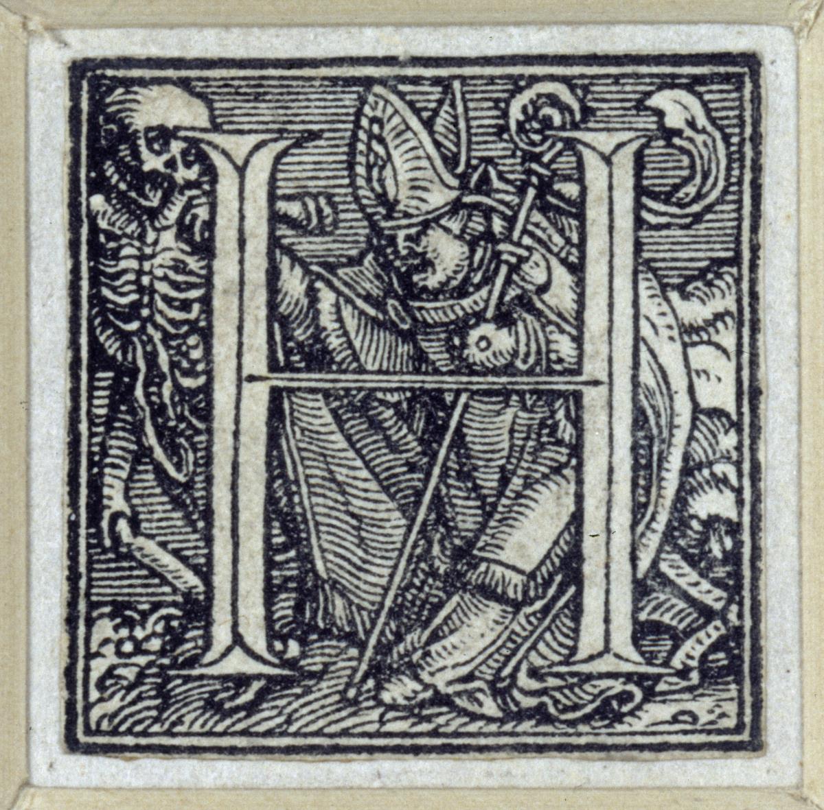 Initiale zu einem lateinischen Majuskel-Alphabet (sog. "Todesalphabet"): H