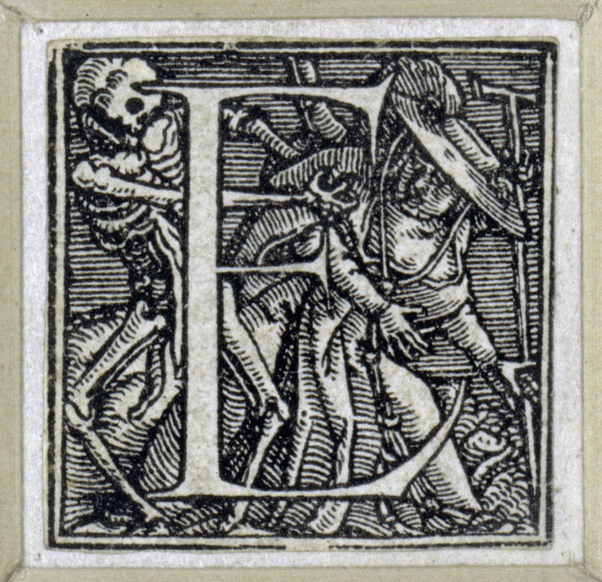 Initiale zu einem lateinischen Majuskel-Alphabet (sog. "Todesalphabet"): E