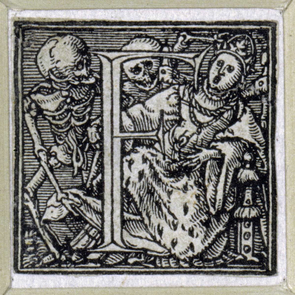 Initiale zu einem lateinischen Majuskel-Alphabet (sog. "Todesalphabet"): F