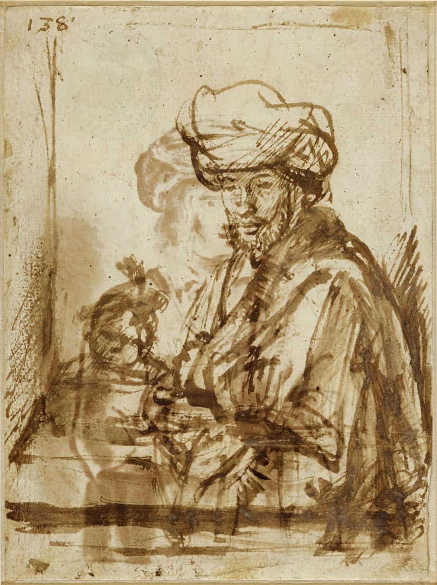 Halbfigur eines Mannes mit Turban und kleines Mädchen in einem Fensterrahmen