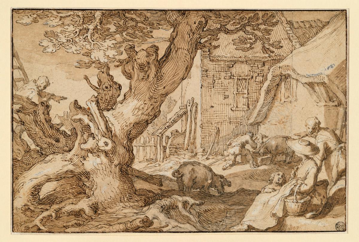 Bauernhof, vorn links ein knorriger Baum