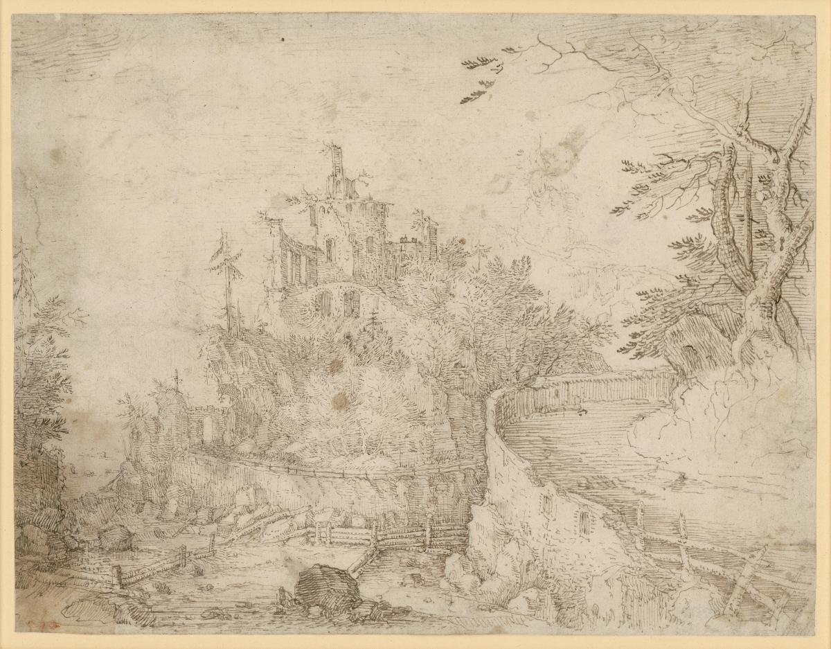 Landschaft mit einer Burgruine auf einem Hügel, rechts ein Weg