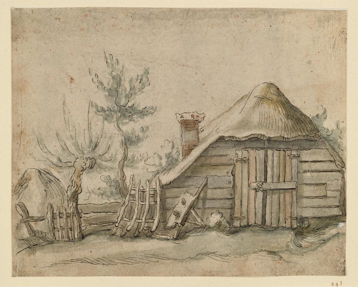 Strohgedeckte Bauernhütte mit verriegelter Tür, Schornstein und Zaun (Skizzenbuchblatt)