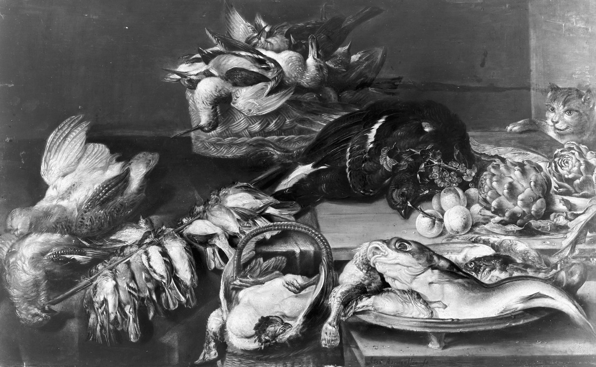 Stillleben mit Vögeln und Fischen