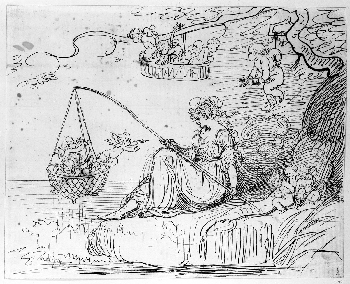 Mädchen mit einem korbartigen Netz an einer Stange, Liebesgötter aus dem Wasser hebend