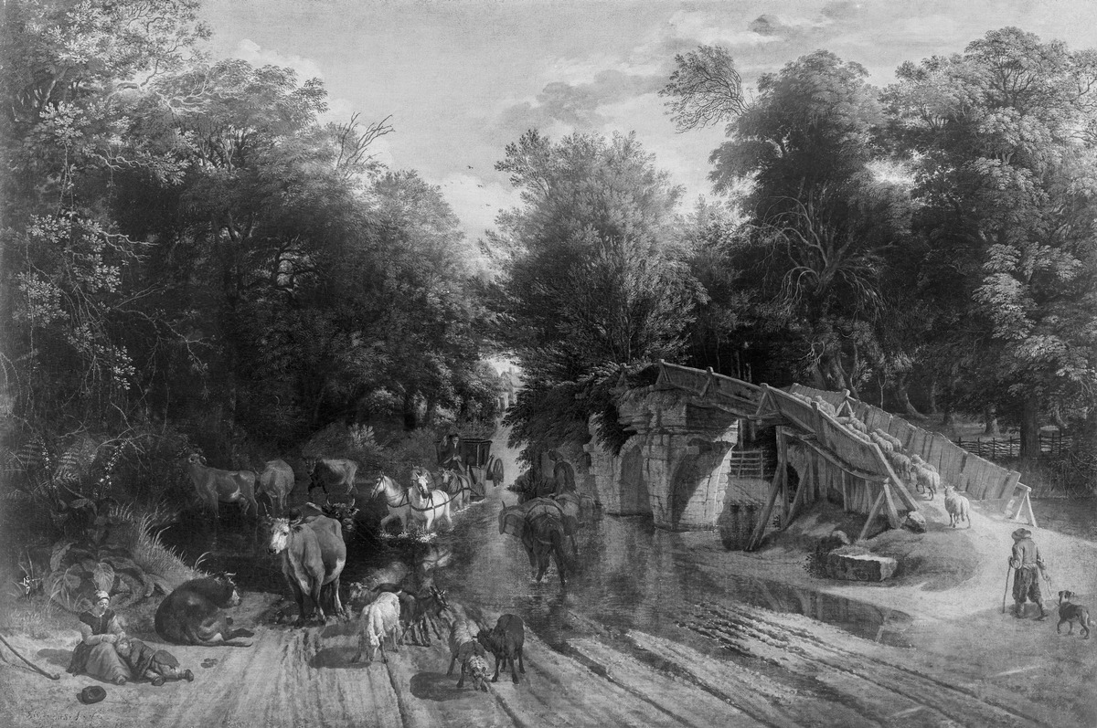 Flußlandschaft mit Brücke und Furt