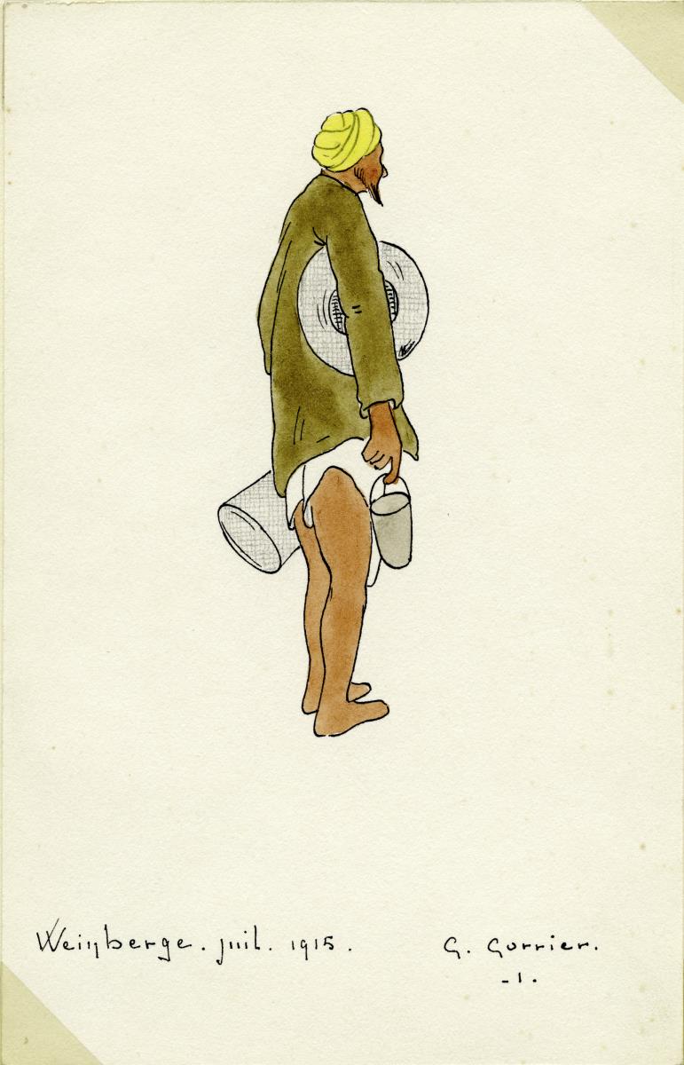 o. T. [Mann in Hemd und Jacke mit Kannen und Teller]