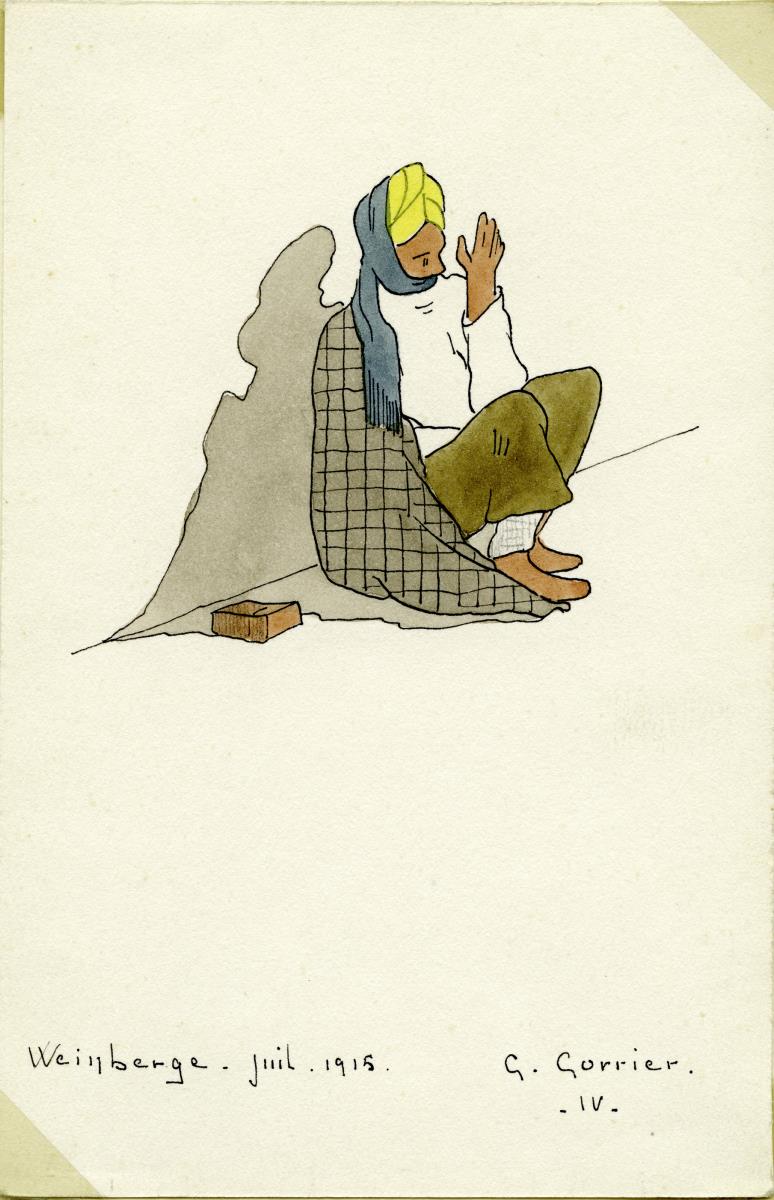 o. T. [hockender mit Turban an einer Wand]