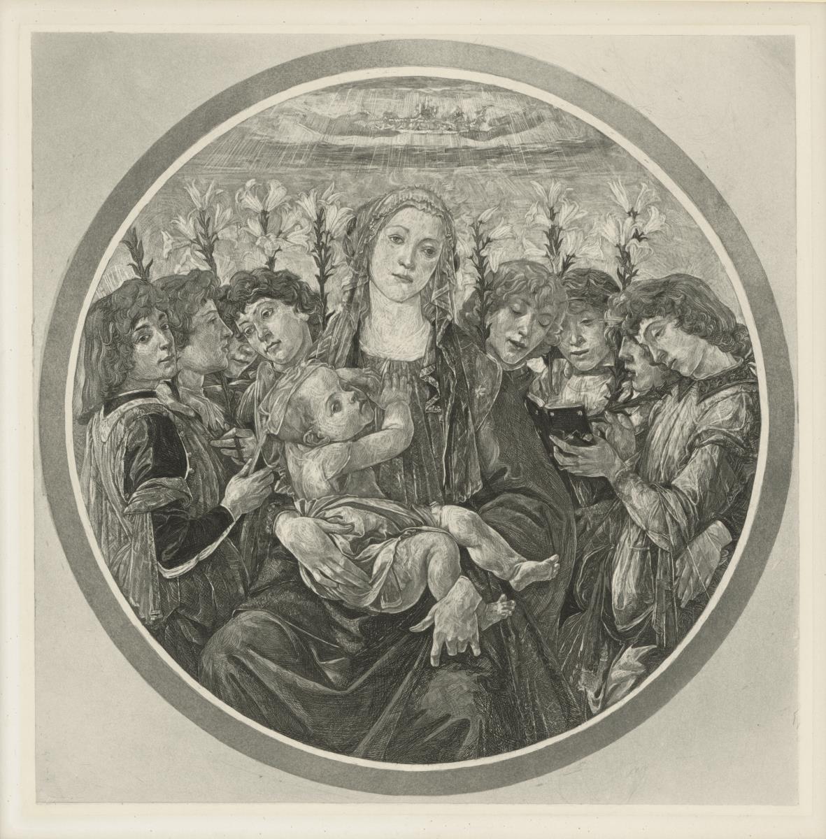 Maria mit dem Kind und singenden Engeln mit Lilien (nach Sandro Botticelli, sogenannter Raczynski-Tondo der Berliner Gemäldegalerie)