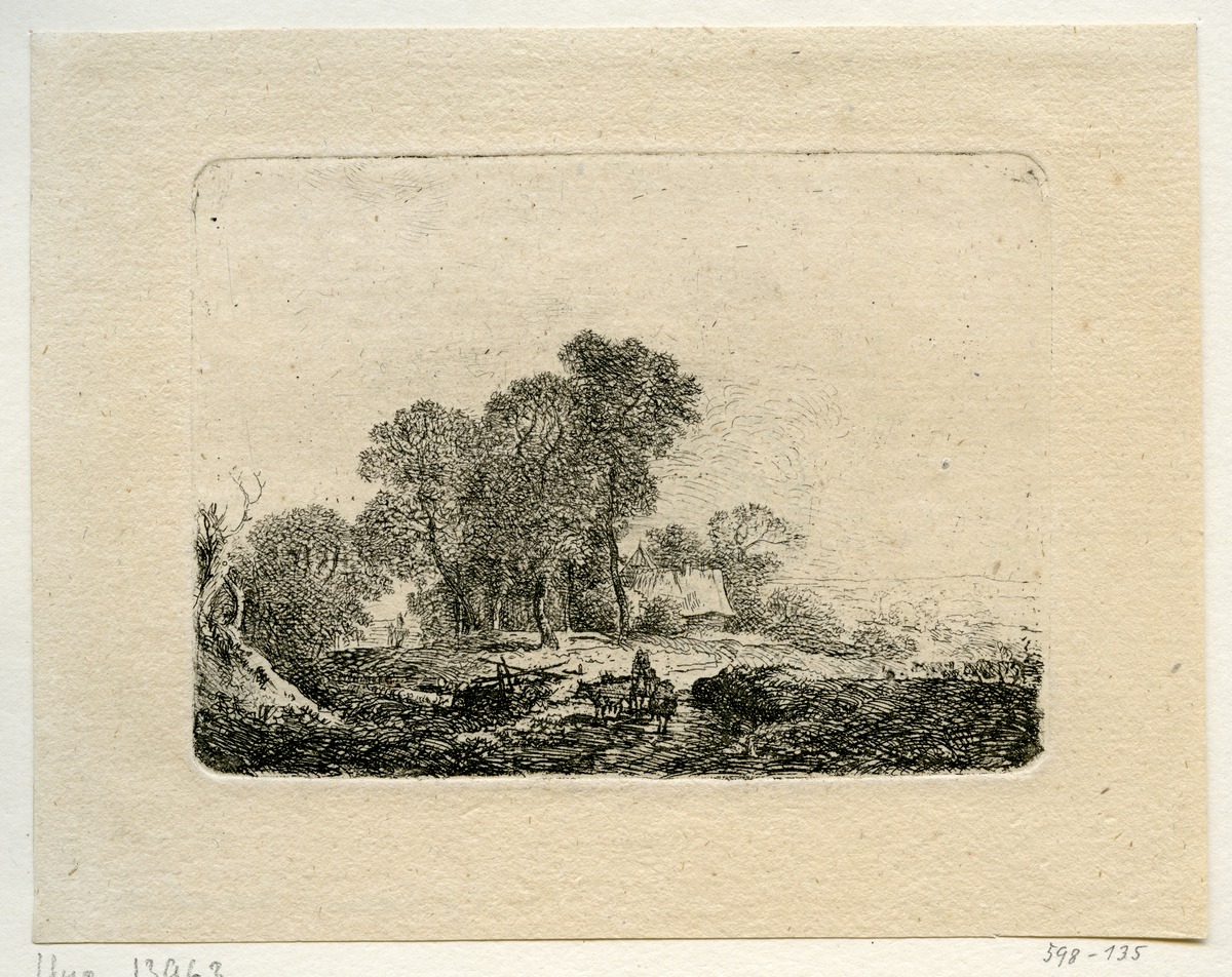 Landschaft mit Bauernhaus unter Bäumen