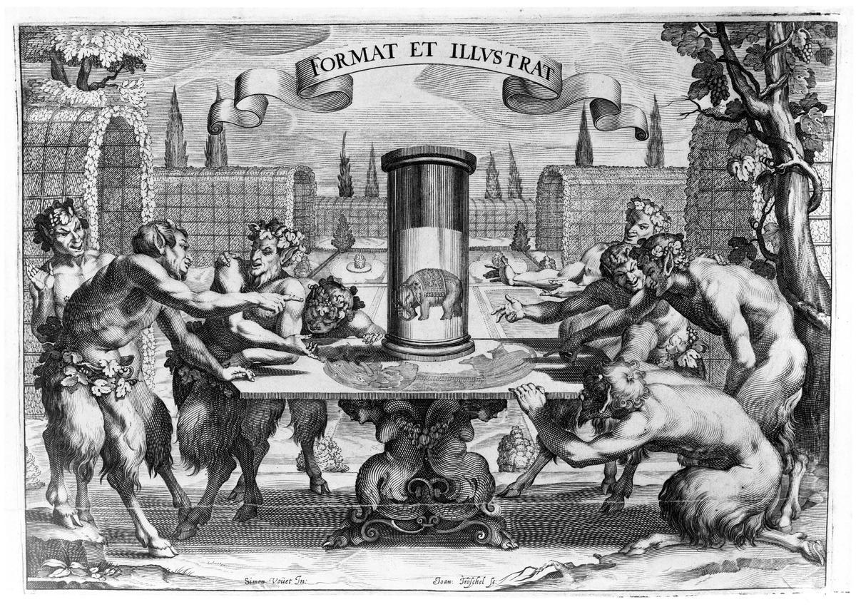 Satyre betrachten einen Elephanten im Glas und seinen Schatten