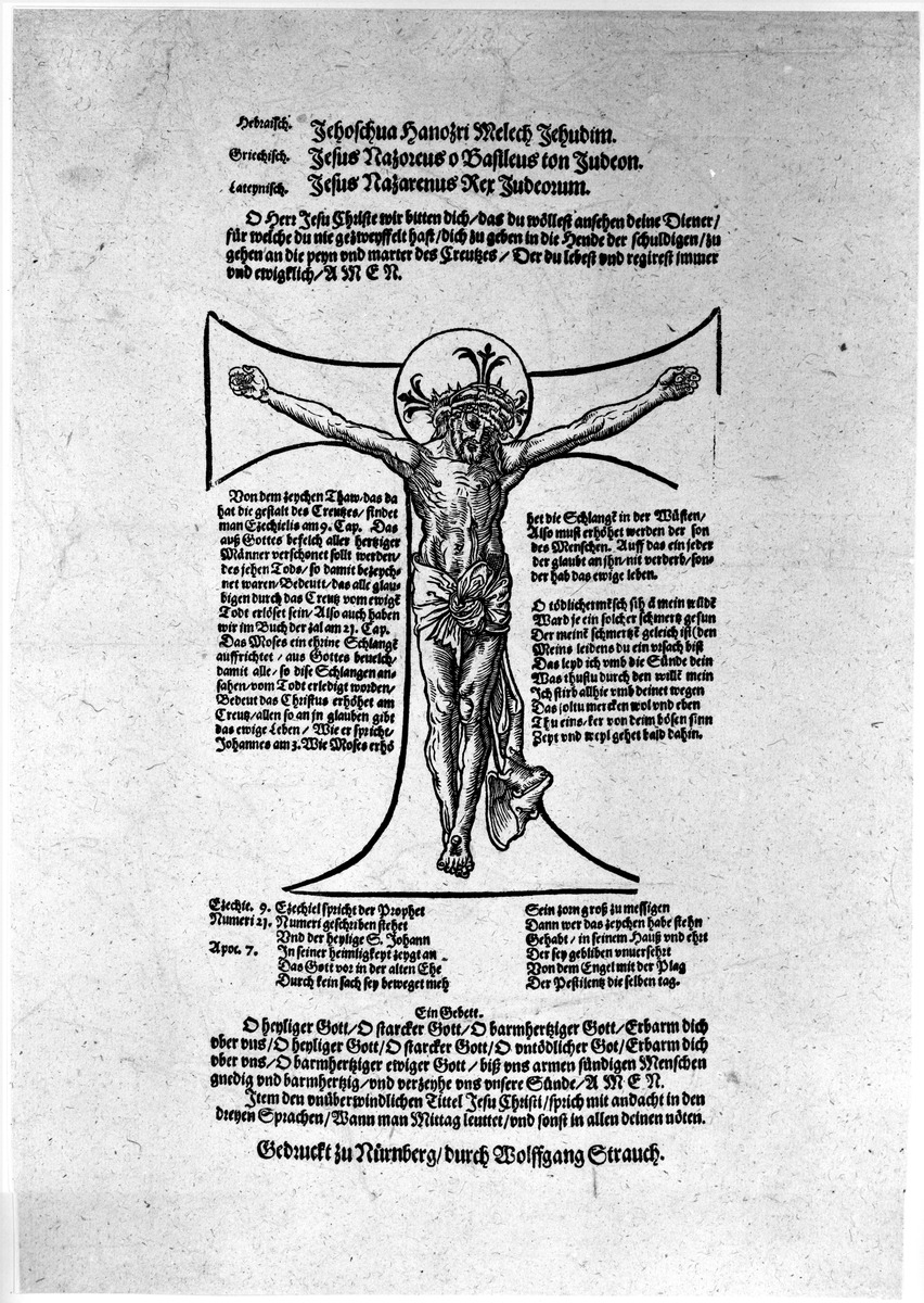 Christus am Kreuz (umgeben von Text)