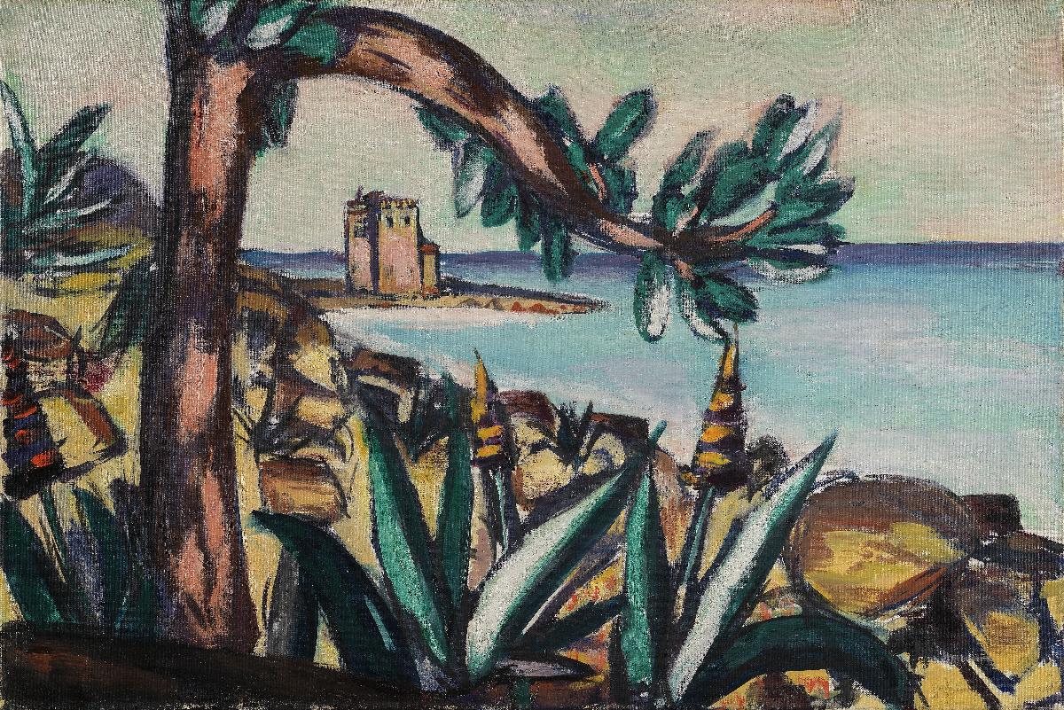 Meerlandschaft mit Agaven und altem Schloss