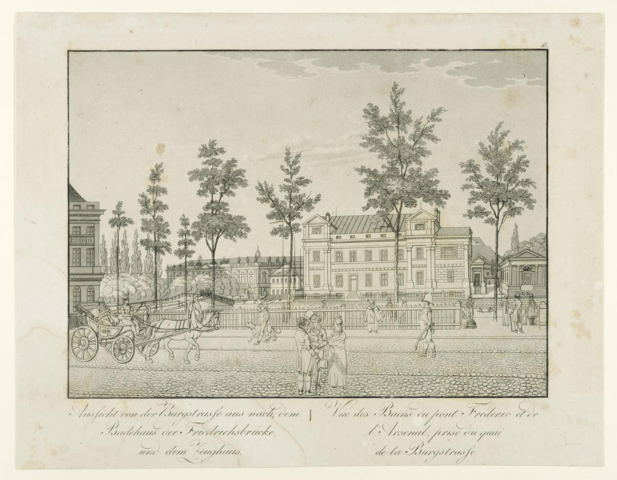 Berlin: Ansicht von der Burgstraße aus nach dem Badehaus der Friedrichsbrücke und dem Zeughaus