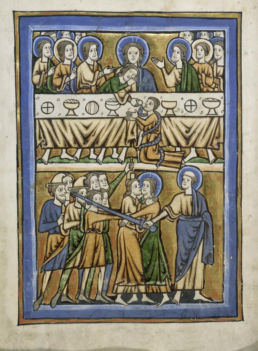 Abendmahl Christi, darunter die Gefangennahme. Rechts Petrus, der dem Malchus das Ohr abschlägt