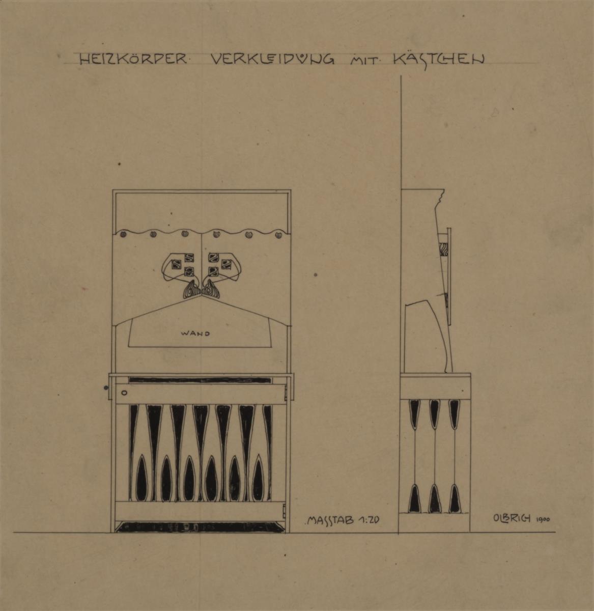Darmstadt, Wohnhaus Olbrich, Dachgeschoss, Grünes Zimmer, Aufriss und Seitenansicht der Heizkörper Verkleidung mit Schrankaufsatz