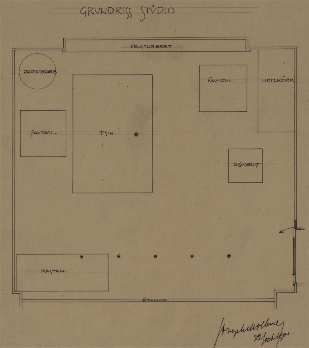Darmstadt, Wohnhaus Olbrich, Erdgeschoss, Studio, Grundriss mit Möblierungsplan