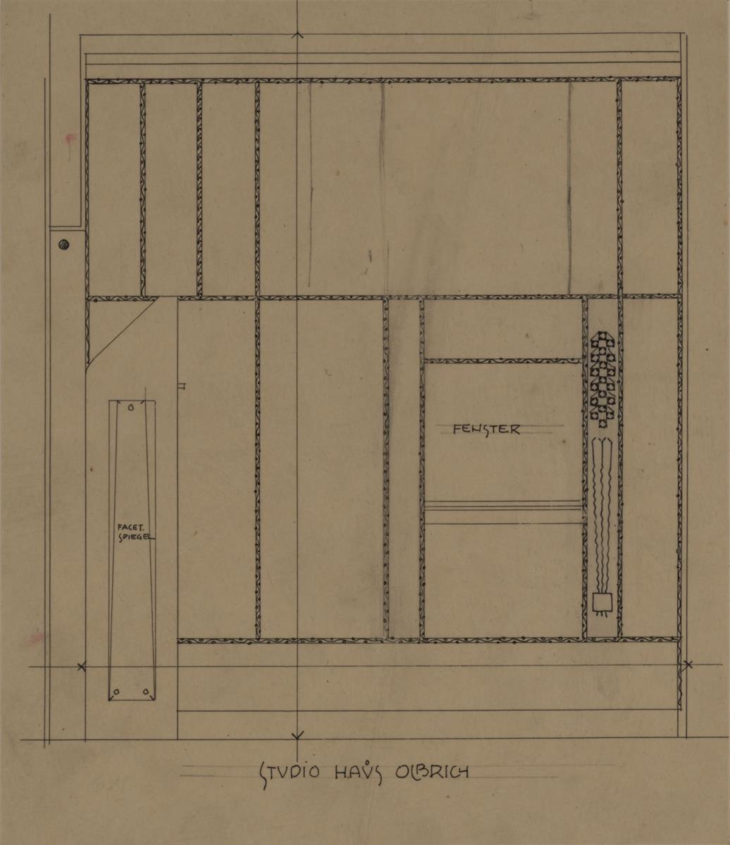 Darmstadt, Wohnhaus Olbrich, Erdgeschoss, Studio, Aufriss der Nordwand