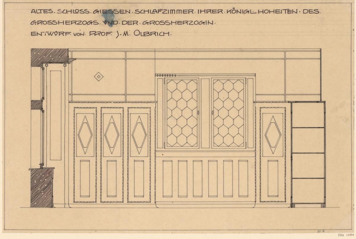 Giessen, Grossherzogliche Wohnung im Alten Schloss  Schlafzimmer, Aufriss der Ostwand und Schnitt durch die Fensternische der Nordwand