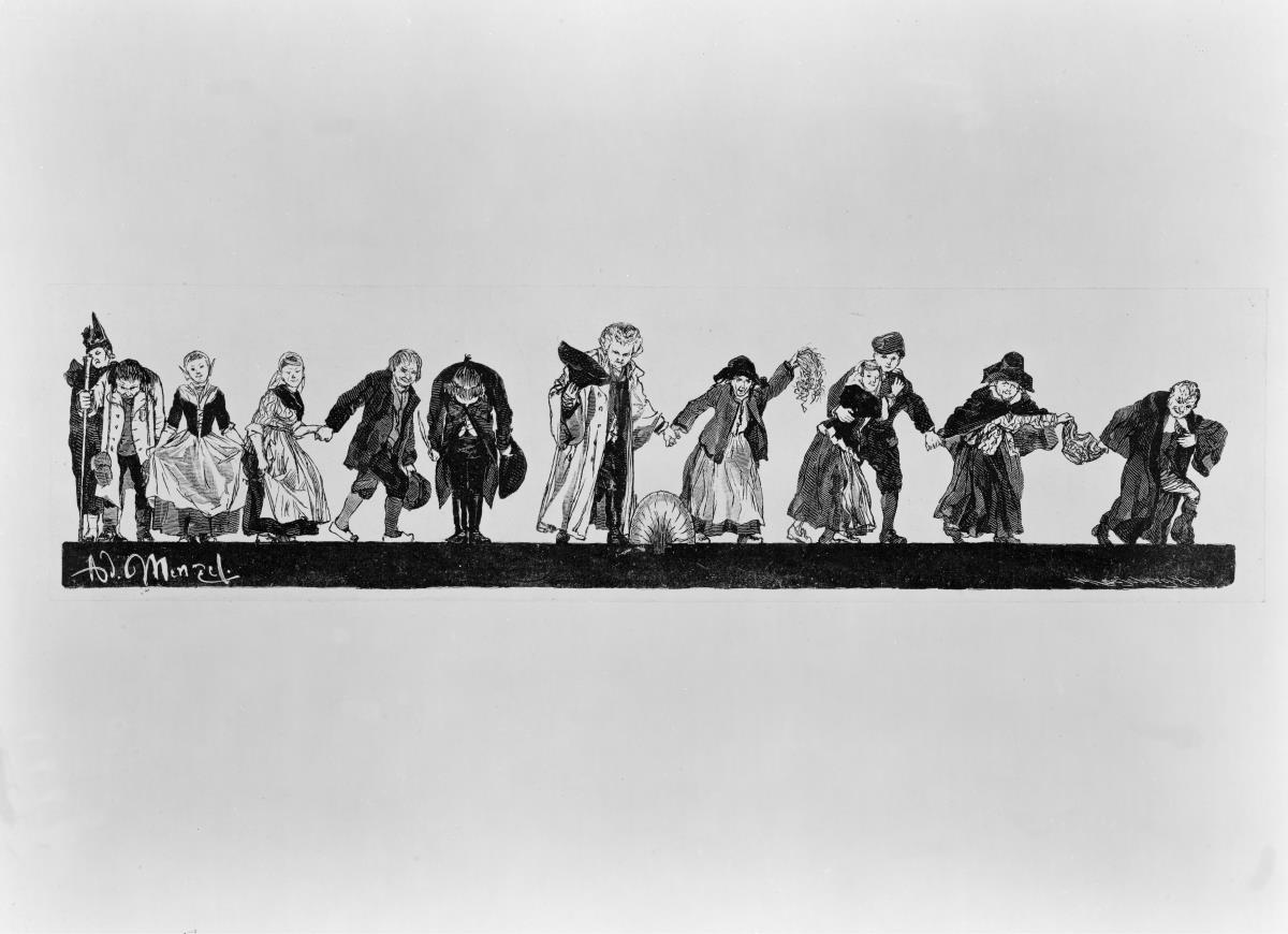 Schlussvignette. Die Personen des Stückes ziehen an der Bühnenrampe entlang unter Verbeugungen nach rechts vorbei, zu Heinrich von Kleist "Der Zerbrochene Krug"