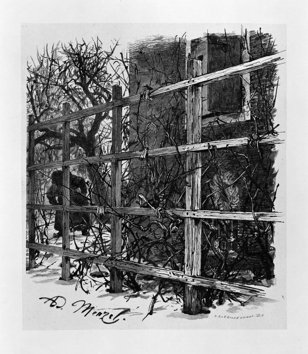 Vor einem Haus ein Spalier, in dem eine Perücke hängt, zu Heinrich von Kleist "Der Zerbrochene Krug"