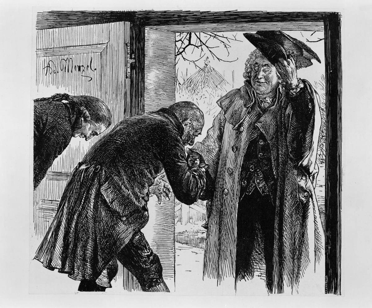 Gerichtsrat Walter tritt, freundlich den Hut lüftend, von rechts zur Tür herein, von Adam und Licht untertänig begrüßt, zu Heinrich von Kleist "Der Zerbrochene Krug"