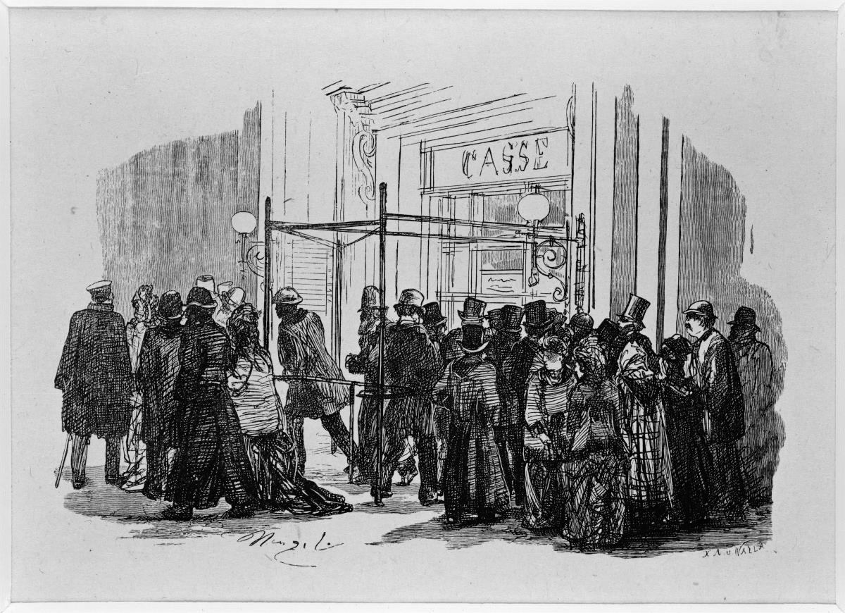 Theaterkasse, die Käufer schieben sich von rechts an die erleuchtete Kasse und entfernen sich nach links, zu Heinrich von Kleist "Der Zerbrochene Krug"