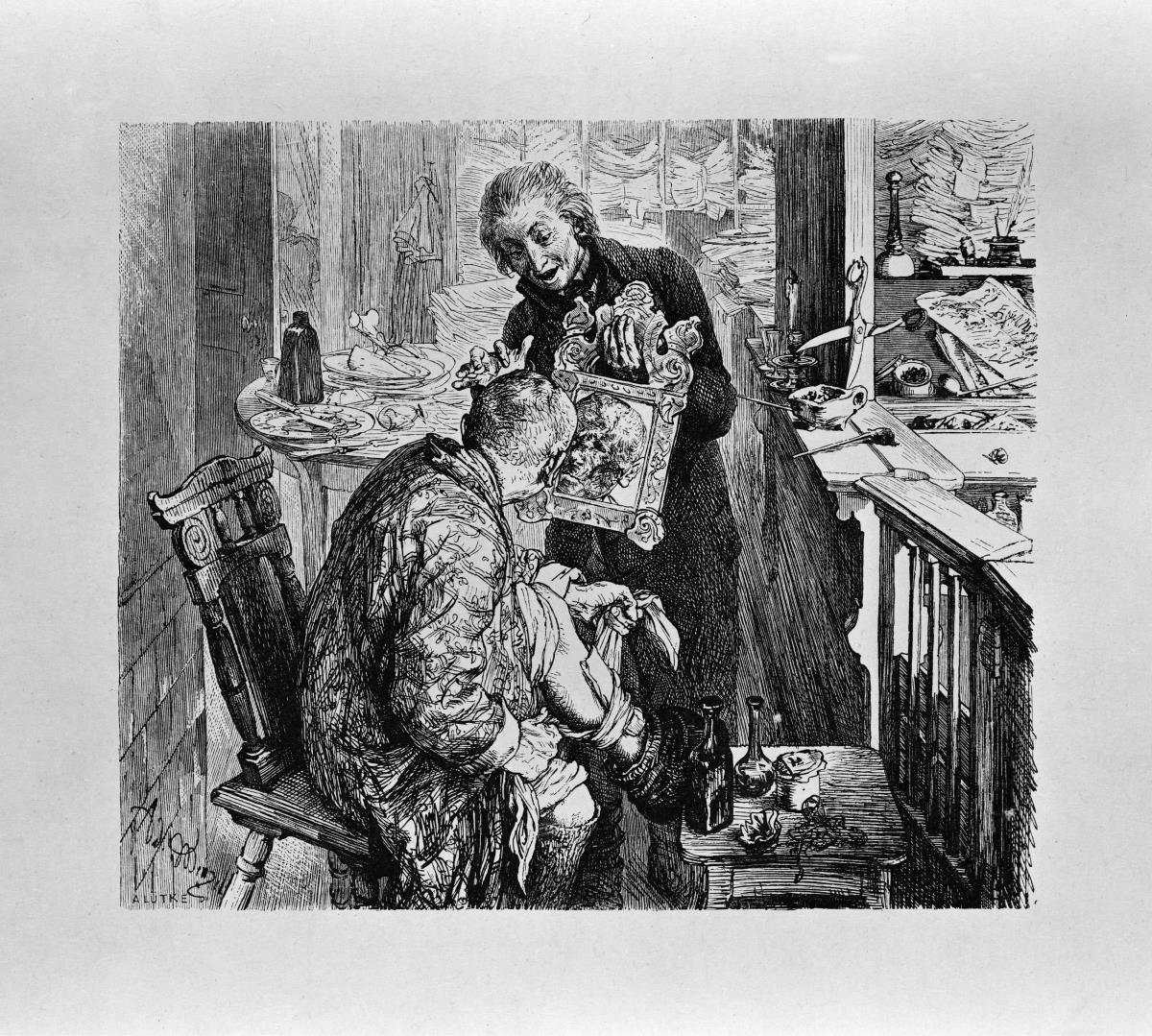 Der Dorfrichter Adam, mit dem Verbinden seines Beines beschäftigt, sieht im Spiegel, den ihm sein Schreiber Licht vorhält, sein zerschundenes Gesicht, zu Heinrich von Kleist "Der Zerbrochene Krug"