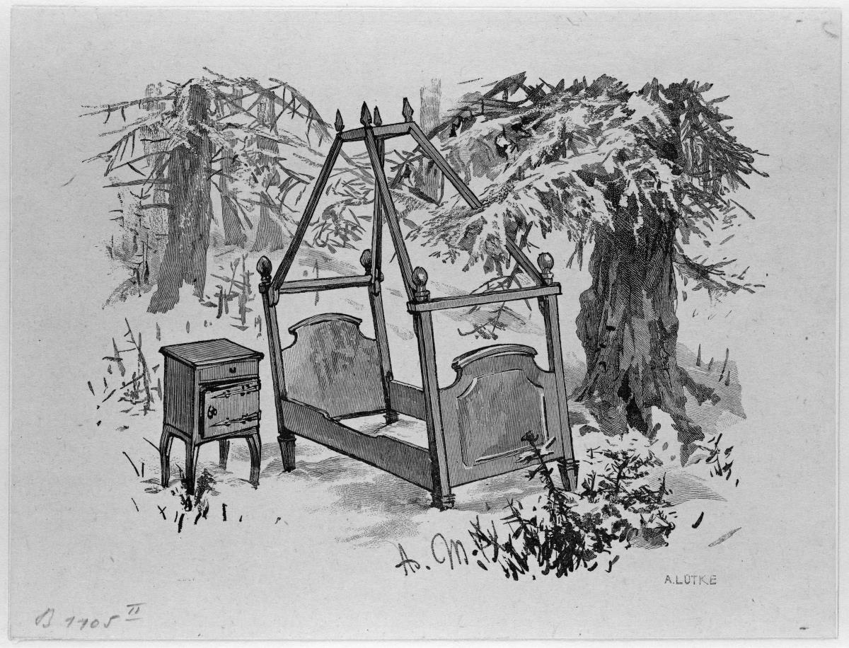 Bettgestell und Nachtkasten im verschneiten Fichtenwald (Adam träumt, dass er im Fichtenwald übernachten müsste), zu Heinrich von Kleist "Der Zerbrochene Krug"