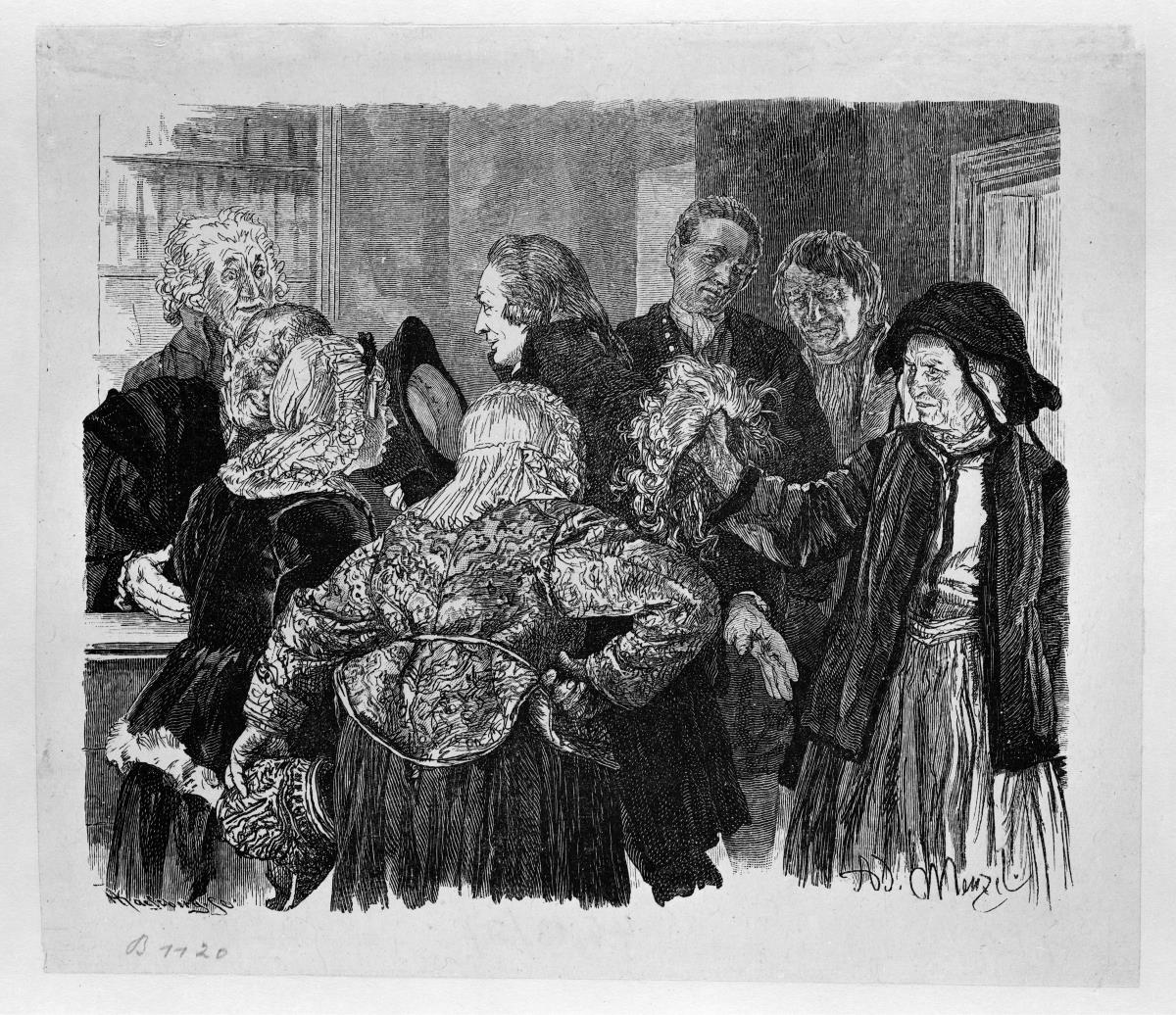 Die alte Brigitte mit der Perücke im Gerichtszimmer. Licht drängt sich mit dem Hut in der Hand durch die Parteien, um die Alte dem Gerichtsrat vorzustellen, zu Heinrich von Kleist "Der Zerbrochene Krug"