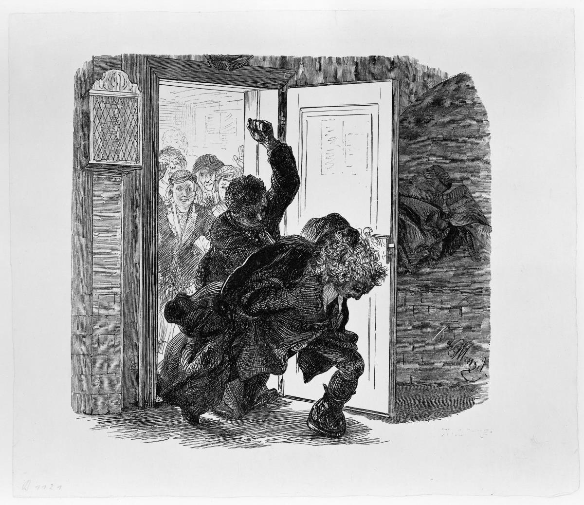 Adam, von Ruprecht verprügelt, stürzt aus dem Gerichtszimmer, Eve und die anderen sehen im Hintergrund zu, zu Heinrich von Kleist "Der Zerbrochene Krug"