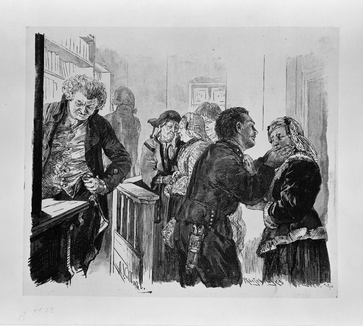 Im Gerichtszimmer nach Adams Flucht. Der Gerichtsrat sieht nach der Uhr. Eve und Ruprecht versöhnen sich, zu Heinrich von Kleist "Der Zerbrochene Krug"