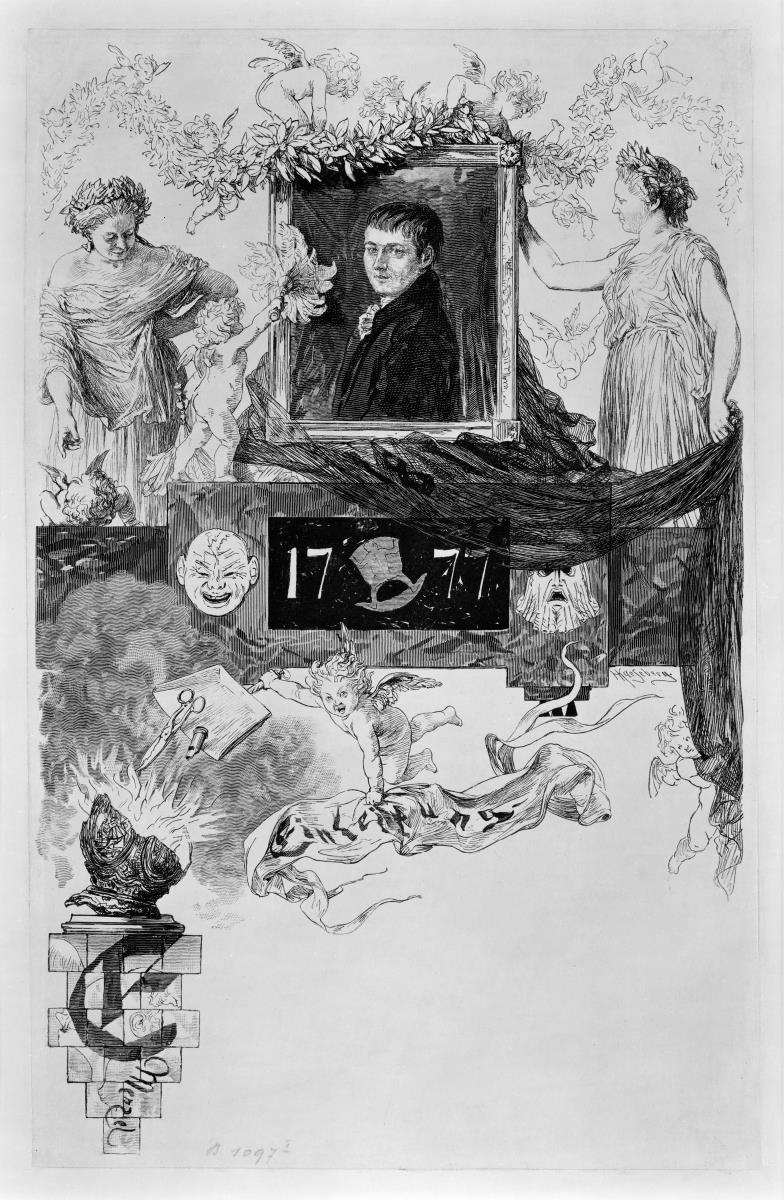 Vignette mit dem Bildnis Kleists und dem Initial "E". zu Heinrich von Kleist "Der Zerbrochene Krug"