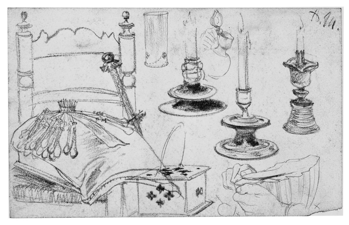 Heinrich von Kleist, Der zerbrochene Krug: Klöppelkissen auf einem Stuhl, drei Kerzen