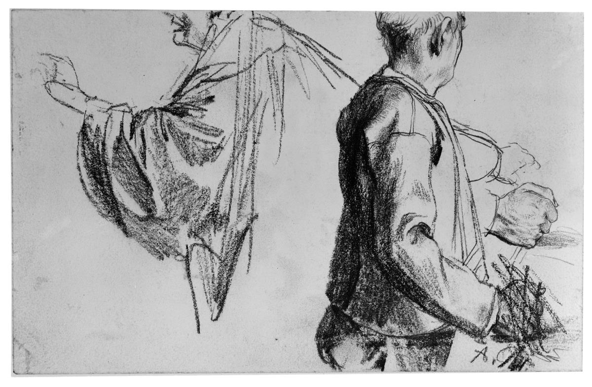 Heinrich von Kleist, Der zerbrochene Krug: Ärmelstudie und männliche Halbfigur nach rechts, Gesicht abgewendet, mit Detailstudien der rechten Faust