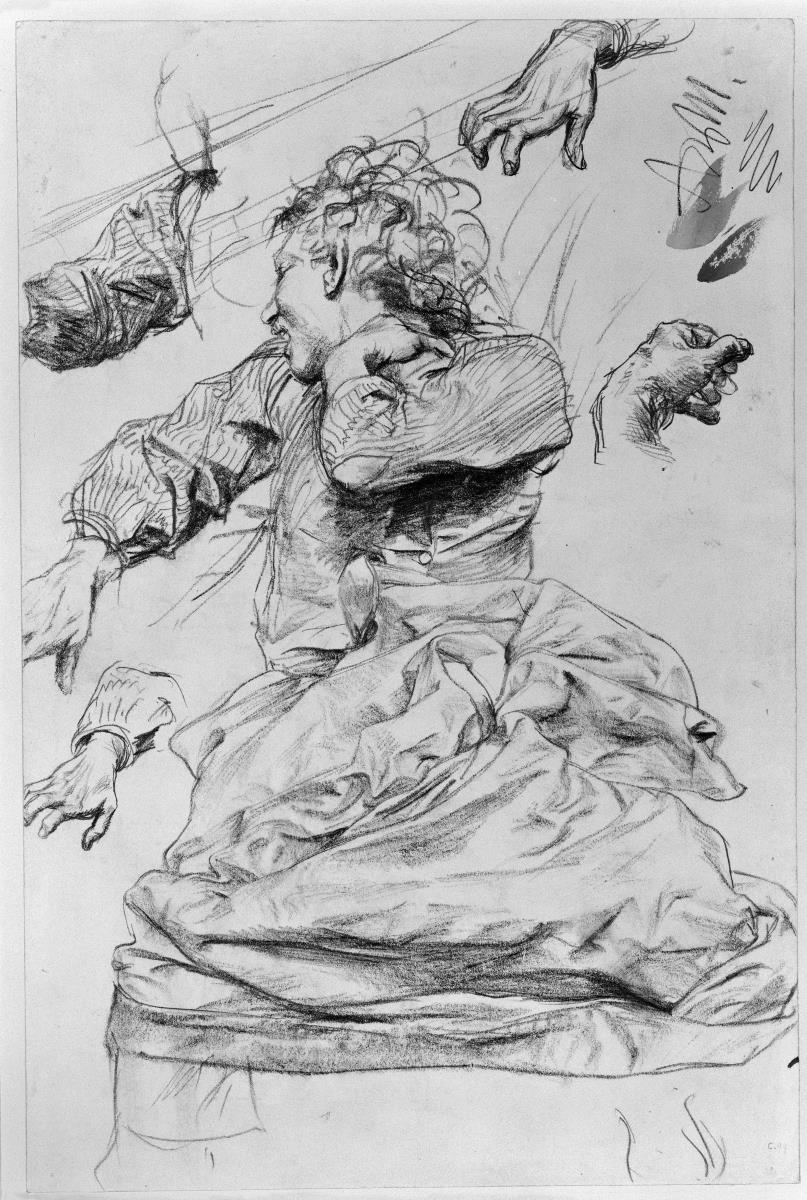 Heinrich von Kleist, Der zerbrochene Krug: Männliche figur, schwer träumend, Ärmel- und Händestudien