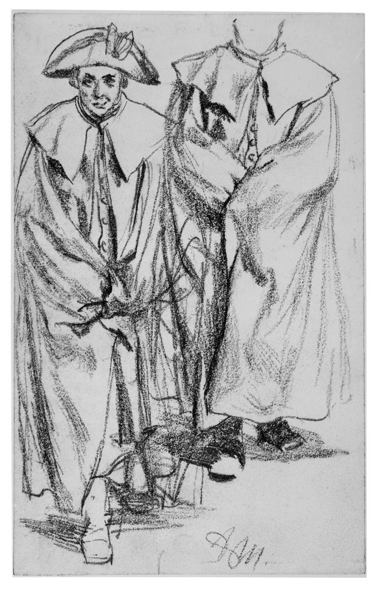 Heinrich von Kleist, Der zerbrochene Krug: Zwei Militärfiguren im Mantel, dem Betrachter zuschreitend