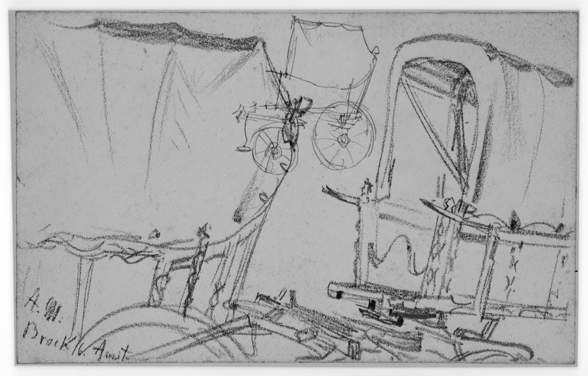 Heinrich von Kleist, Der zerbrochene Krug: Hintere und vordere Hälfte eines Planwagens und Planwagen in kleinerem Maßstab nach links