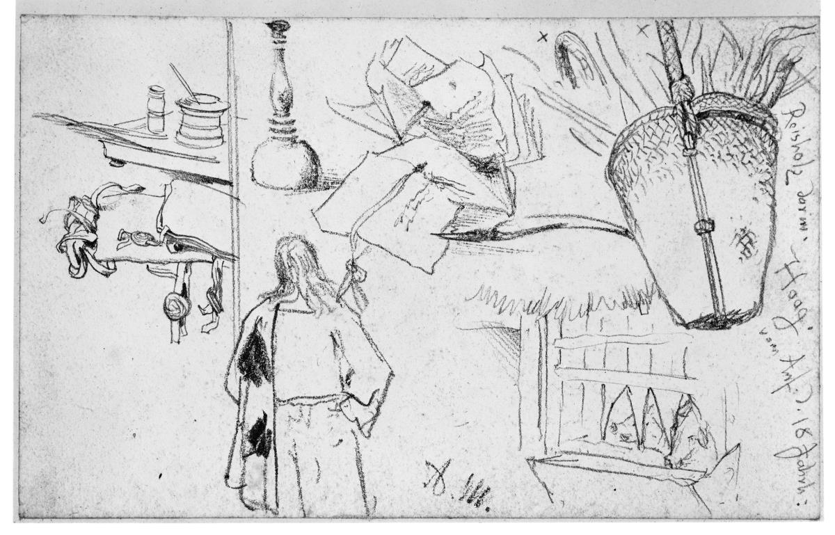 Heinrich von Kleist, Der zerbrochene Krug: Männliche Kostümfigur, Kniestück vom Rücken her gesehen, Urkunden, Schreibwerkzeuge, Stempel, Korb mit Reisholz, Schweinetrog