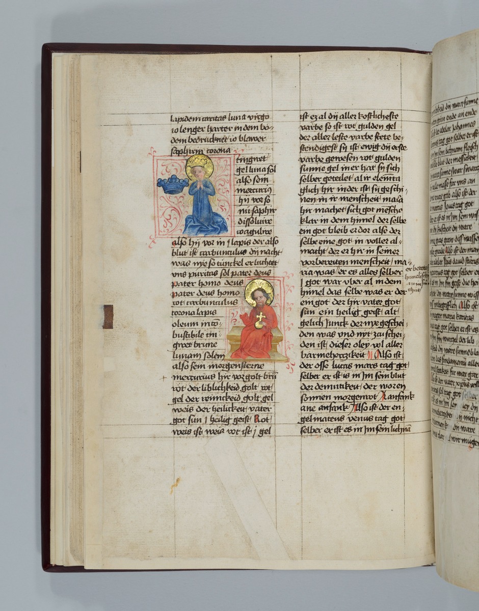 Blaue Krone neben der betenden Maria in Blau, Gottvater auf dem Thron