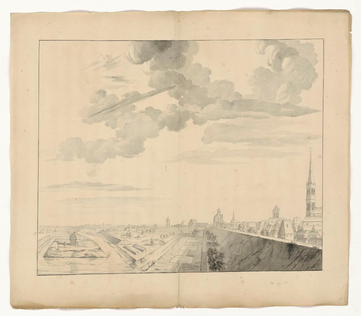 Ansicht der Stadt Wesel, Blick über die Stadtbefestigung auf Türme und Dächer der Stadt