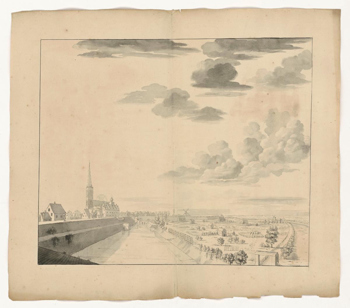 Ansicht der Stadt Wesel, links Blick über die Stadtbefestigung auf Kirche und Speicher sowie rechts die Gärten vor den Wallanlagen