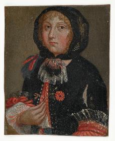 Porträt einer Frau mit schwarzer Haube und Blume in der Hand